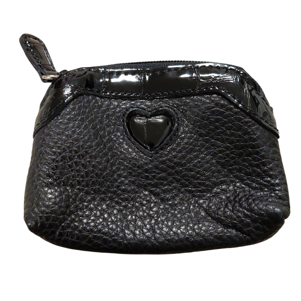 Brighton Coin Purse Black Heart-Embellished Pebled Leather 4X3X1 Inches